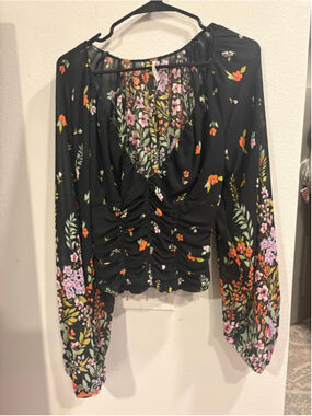 Free People Final Rose Floral Balloon Sleeve Ruched Blouse Boho Medium